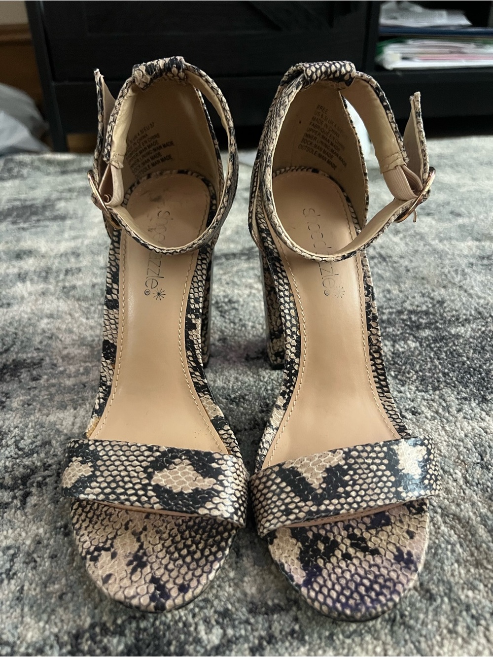 Shoe Dazzle Snake-Print Ankle Strap Block Heels in Nude and Black